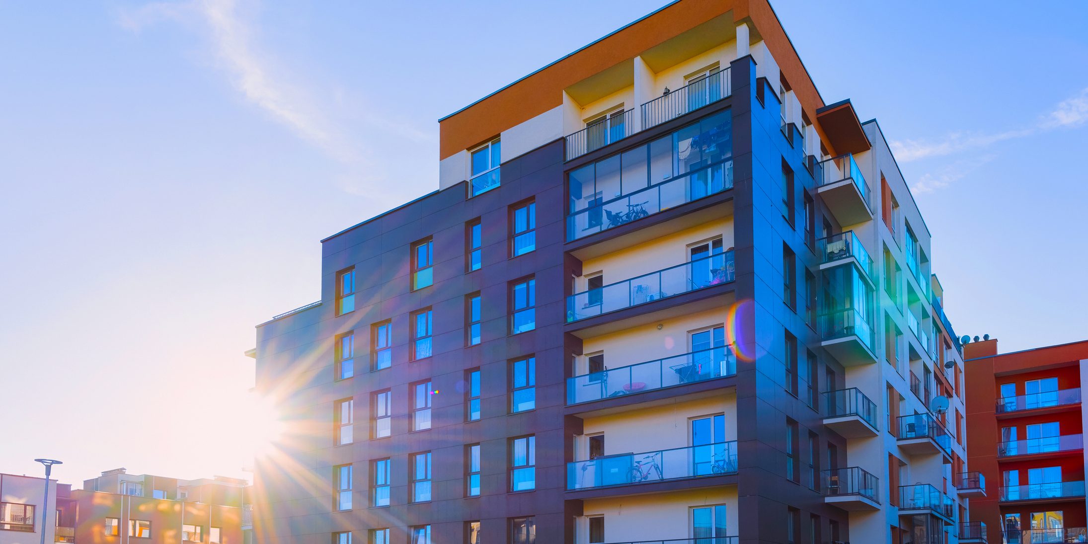 Residential Apartment house facade architecture with outdoor facilities sunlight reflex apartment renters